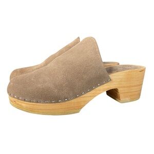 RAG & CO Darcie Clogs Tan Taupe Suede Womens Shoe 8 Wooden Block Heel Boho Indie
